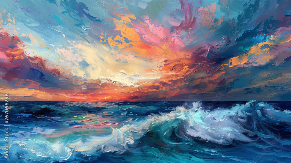 Colorful sky and ocean wave abstract background. Oil painting style