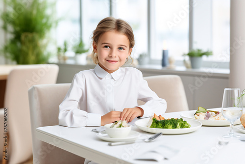 A smiling girl sits at a white restaurant table. Concept of joyful breakfast for children.