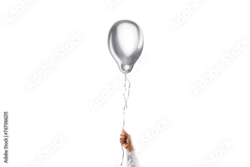 Hand holding blank silver pear balloon mockup, isolated