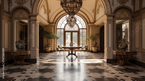 Grand French Renaissance chateau entry with domed painted ceilings vintage console tables and iron ornamentation. © Aeman