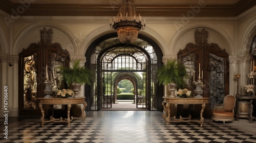 Grand French Renaissance chateau entry with domed painted ceilings vintage console tables and iron ornamentation.