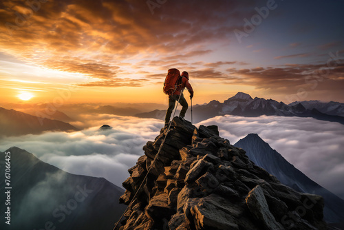 An alpinist stands on a rocky peak with the sun rising behind. A breathtaking scene of mountain conquest and dawn's arrival.
