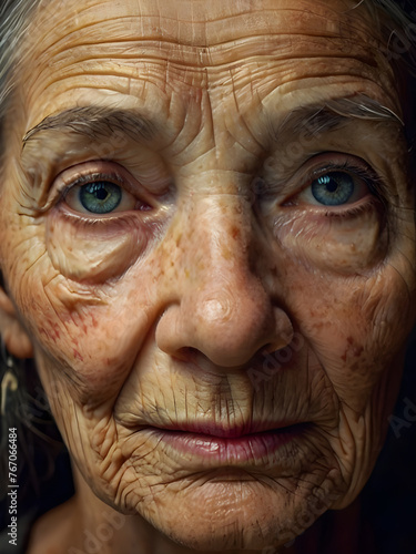 Portrait of an old wrinkled woman with great sadness in her eyes.