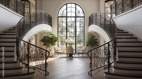 Grand park view two-story staircase with intricate custom iron railing herringbone wood floors and arched window.