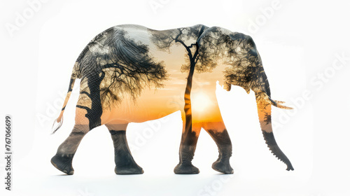 Double exposure effect of a walking elephant with a bamboo forest isolated on a white background