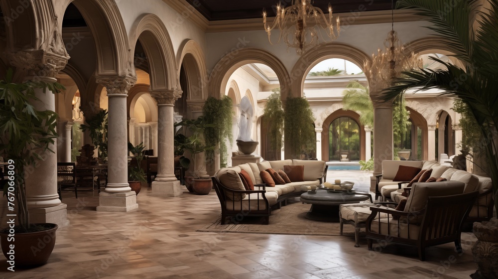 Grand residential palazzo indoor courtyard lounge with glazed brick barrel vaulted ceilings marble floors stone columns and gurgling fountains.