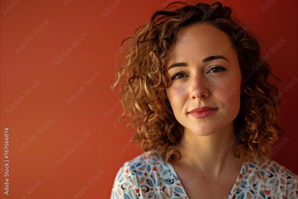 Portrait of a beautiful young woman with curly hair on a red background Portrait of a beautiful young woman with curly hair on a red background