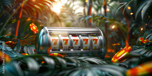 Casino concept. Slot machine wins the jackpot on jungle leafs. Big win concept. Casino jackpot.