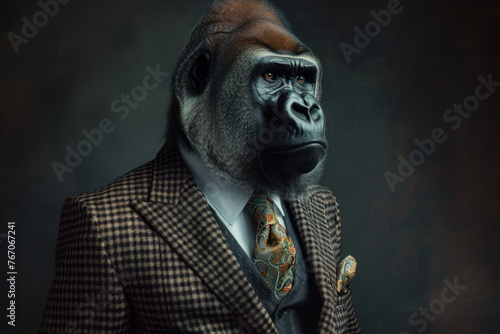 Gorilla dressed in an elegant and modern suit with a nice tie. Fashion portrait of an anthropomorphic animal