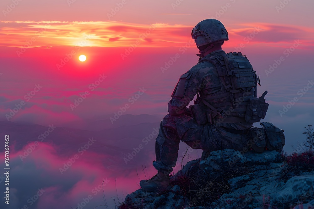 Soldier Sitting on Top of Mountain at Sunset
