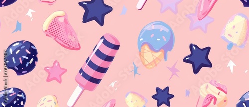 The seamless pattern features ice cream lollies, popsicles, lollipops, star esckimo, popsicle, popsicle and stars. Modern background for textiles, prints, child clothes, wallpaper and wrapping. It's