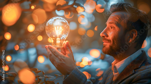 Man Holding Up Light Bulb in Joyful Celebration of Nature in creative thinking concept  photo