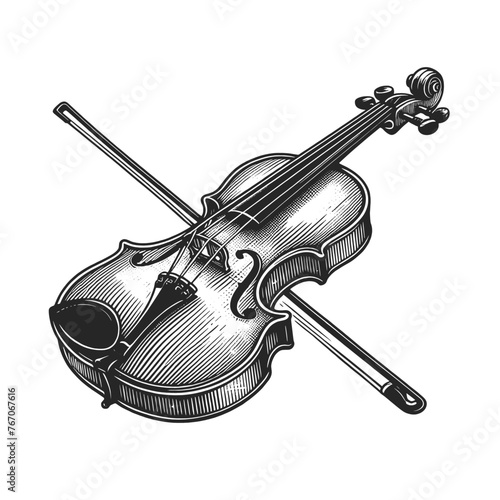 ornately decorated violin, showcasing intricate scrollwork on the body and scroll in an sketch engraving generative ai vector illustration. Scratch board imitation. Black and white image.