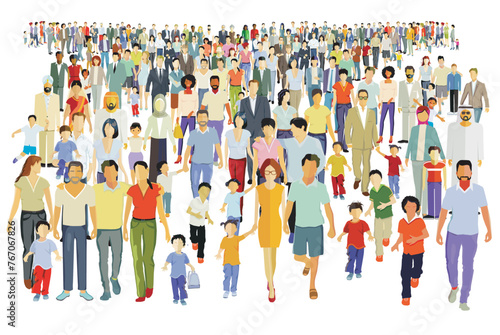 Eine sehr große Gruppe von Menschen beisammen,  isoliert auf weißem Hintergrund, illustration
