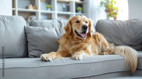 Happy golden retriever dog is lying on a cozy sofa in a modern living room