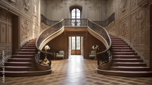 Grand two-story French ch??teau oval stair hall with intricately carved balustrades and herringbone parquet floors. photo