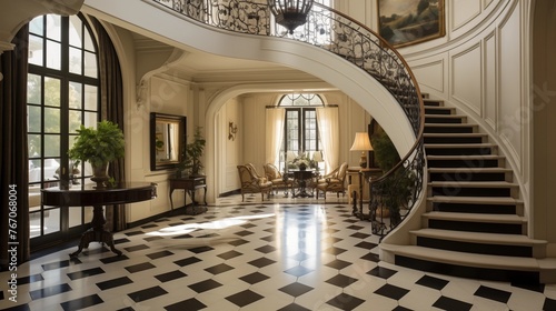 Grand two-story French estate entry hall with checkered stone floors curved staircase and arched iron railings.