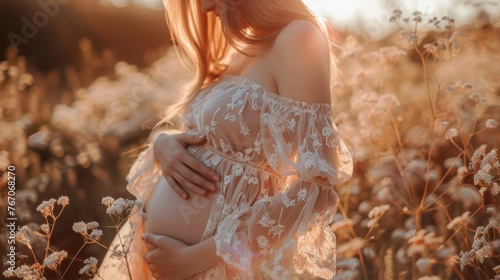 A pregnant woman standing in a field of flowers