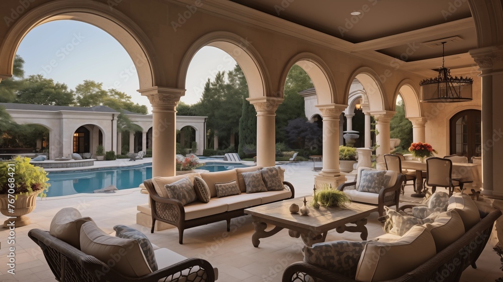 Fototapeta premium Grand two-story Mediterranean loggia with domed brick ceilings stone columns central fountain and lavish outdoor living rooms.