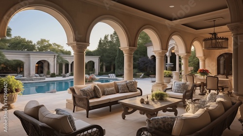 Grand two-story Mediterranean loggia with domed brick ceilings stone columns central fountain and lavish outdoor living rooms. © Aeman