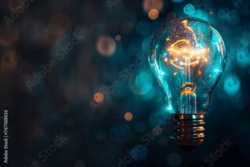 Bulb, idea concept with innovation and inspiration with blue glowing light on dark background