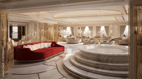 High-roller casino suite with marble baths sitting areas and butler s pantry.