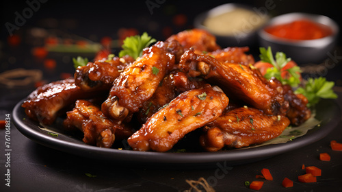 Grilled spicy chicken wings with ketchup on a plate on a dark blue slate stone or concrete
