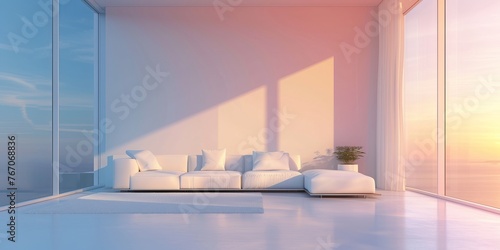 Modern laconic minimalist living room interior in neutral colors with a white sofa, pillows and empty walls with copyspace	
