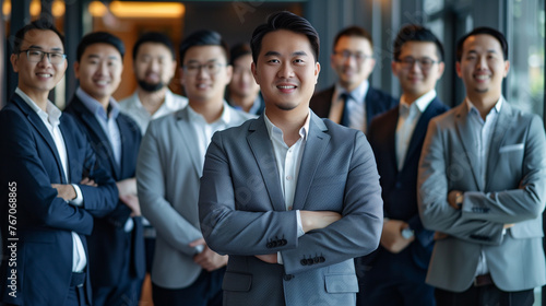 Group of business people and new generation teams standing in front of the office Demonstrate confidence and professionalism to reach your goals.
