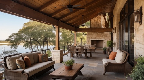 Hill country craftsman porch with stacked stone accents tapered columns wood ceilings and curated vintage furnishings. © Aeman