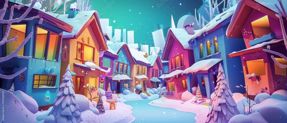 A flat cartoon illustration of a snowy street on a snowy night in a city. There are houses with luminous windows. The street is surrounded by glowing streetlights and a starry sky. The blue trees are