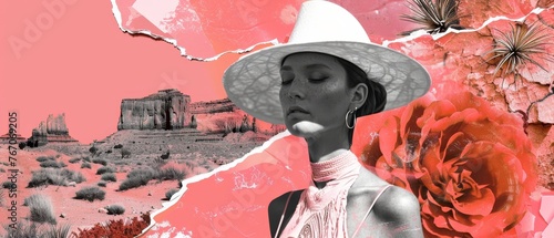 Design of a pink girlish western cowgirl print, with a desert landscape and a cowbow hat. Textured contour flat modern artwork with typography - Cowgirl dreaming. photo