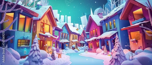 A flat cartoon illustration of a snowy street on a snowy night in a city. There are houses with luminous windows. The street is surrounded by glowing streetlights and a starry sky. The blue trees are © Mark