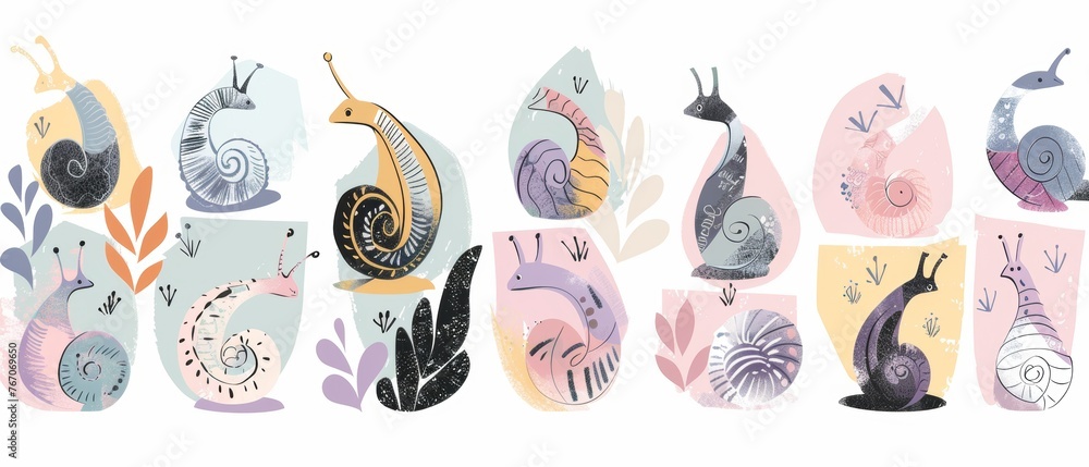 A set of handdrawn childish snails with different behavior shell colors isolated on white. Scandinavian style flat modern illustration.