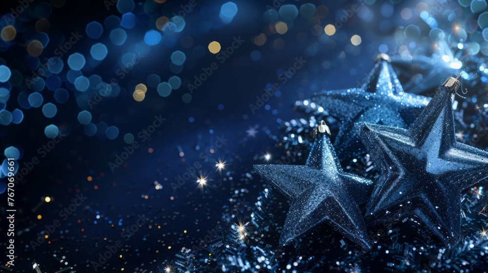 Golden garland in the shape of stars on a dark blue background with empty copyspace for text for Christmas, New Year Golden garland in the shape of stars on a dark blue background with empty copyspace for text for Christmas, New Year