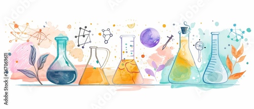 The set of chemistry and science icons is a hand drawn doodle style collection of laboratory equipment. Kids chemistry and science elements, formulas, and test tubes for children. It has a lettering photo
