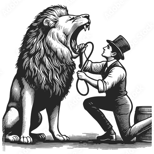 Circus ringmaster with lion trainer with lion sketch engraving generative ai fictional character vector illustration. Scratch board imitation. Black and white image.