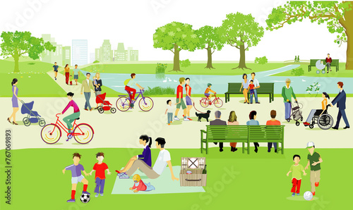 Fototapeta Naklejka Na Ścianę i Meble -  Menschengruppen im Park auf dem Spielplatz mit Familien, Eltern und Kinder, illustration