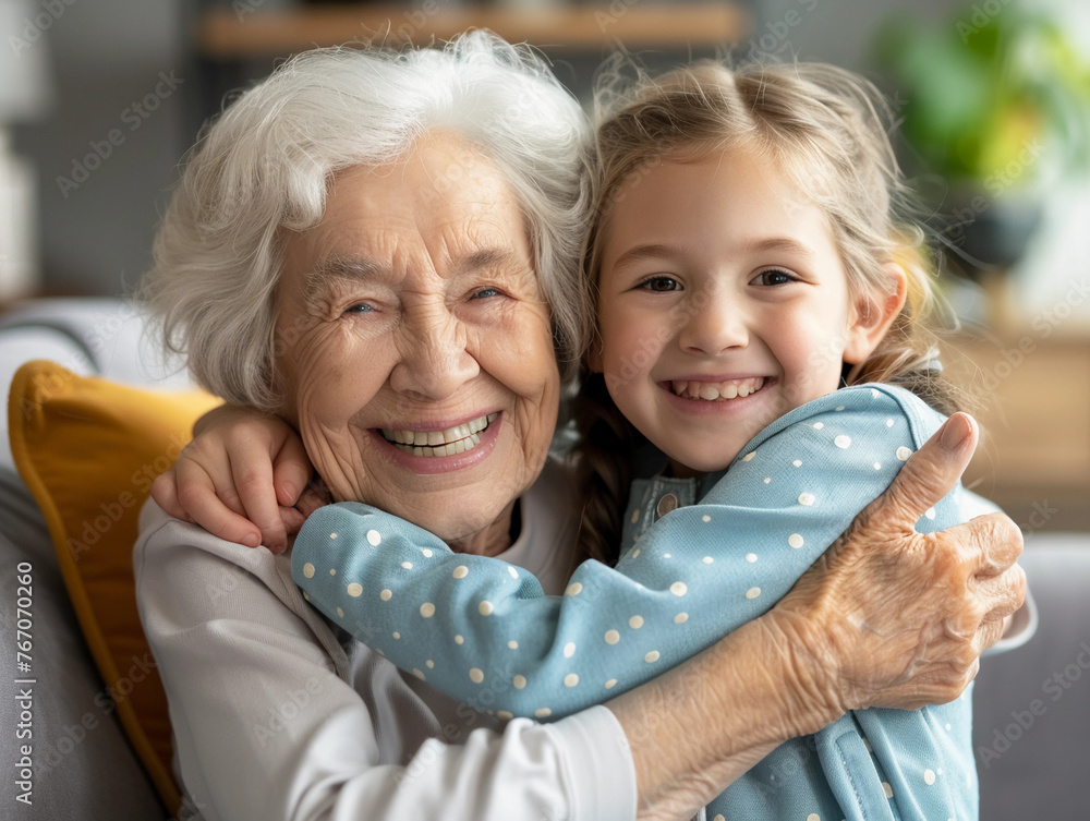 © Johannes - Happy old grandmother hugging little grandchild girl looking at camera, smiling mature mother or senior grandma granny laughing embracing adopted kid granddaughter sitting on couch © Johannes - Happy old grandmother hugging little grandchild girl looking at camera, smiling mature mother or senior grandma granny laughing embracing adopted kid granddaughter sitting on couch