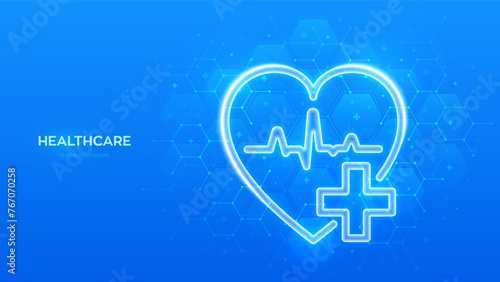 Healthcare. Health insurance. Heart with cross and heartbeat icon on blue medical background with hexagons. Health Care and Medical services banner. Molecular structure. Vector illustration.