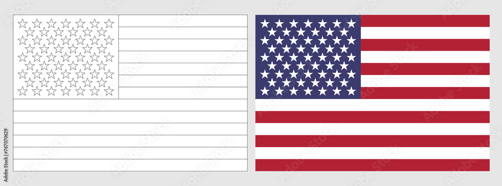 United States of America flag - coloring page. Set of white wireframe thin black outline flag and original colored flag. United States of America flag - coloring page. Set of white wireframe thin black outline flag and original colored flag.