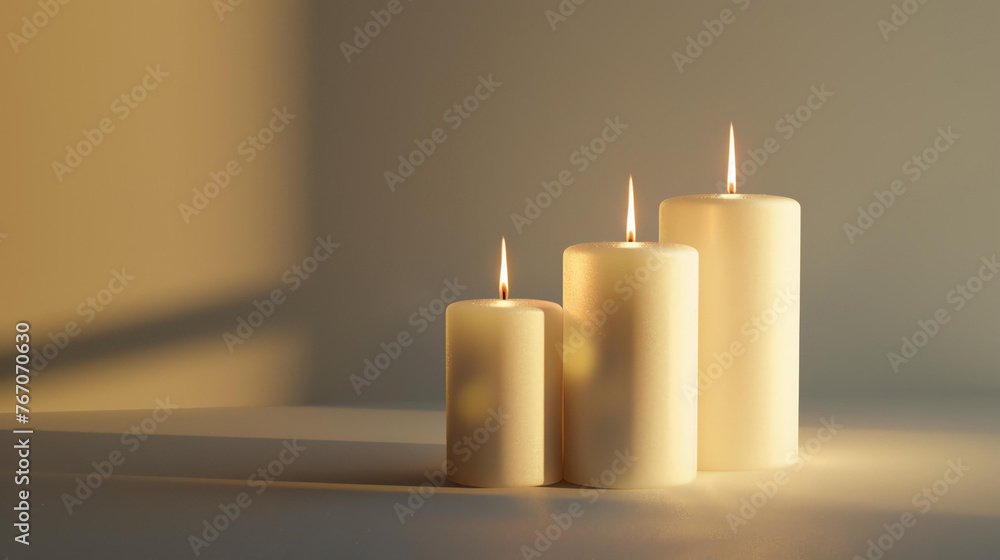 Three white candles of different sizes are lit on a white table against a beige background. - obrazy, fototapety, plakaty 