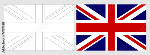 United Kingdom of Great Britain and Northern Ireland flag - coloring page. Set of white wireframe thin black outline flag and original colored flag.