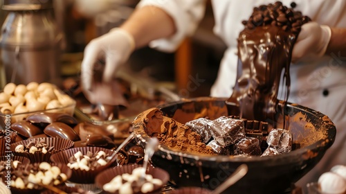 Confectioner in white gloves pours melted chocolate from a ladle into a bowl with powdered cocoa.
