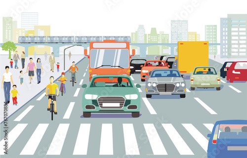 Stadtsilhouette einer Stadt mit Verkehr  und Personen, illustration