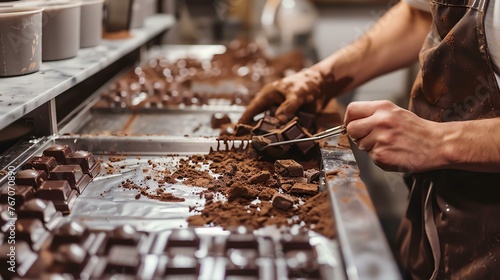 Confectioner making delicious chocolate bars in a factory. photo