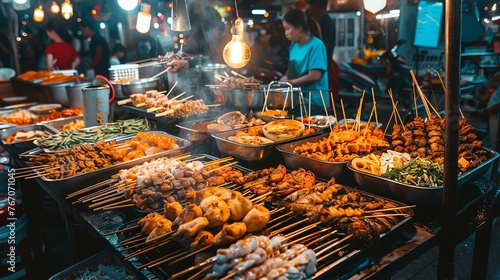 A street food stall in Asia. There are many different types of food on offer, including chicken, pork, and seafood.