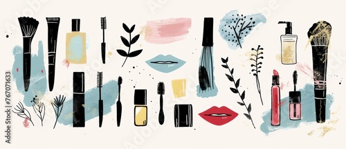A set of cosmetic products. Cream tube, lipstick, nail polish, mascara, eye shadows, brush. Woman stuff, girls accessories. Face, skin care products. Modern flat hand drawn icons. photo