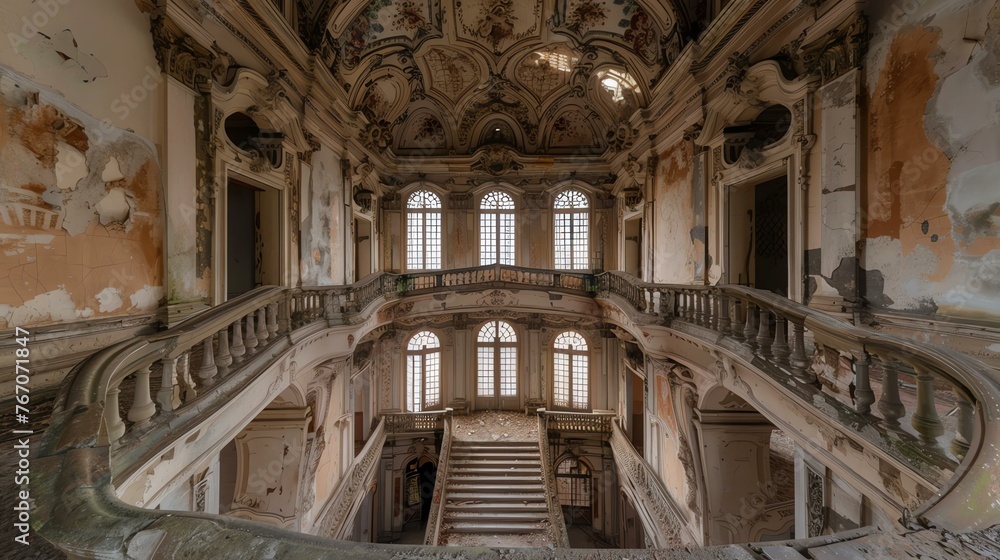 ornate ballroom with a grand staircase and balcony, detailed with intricate carvings and paintings