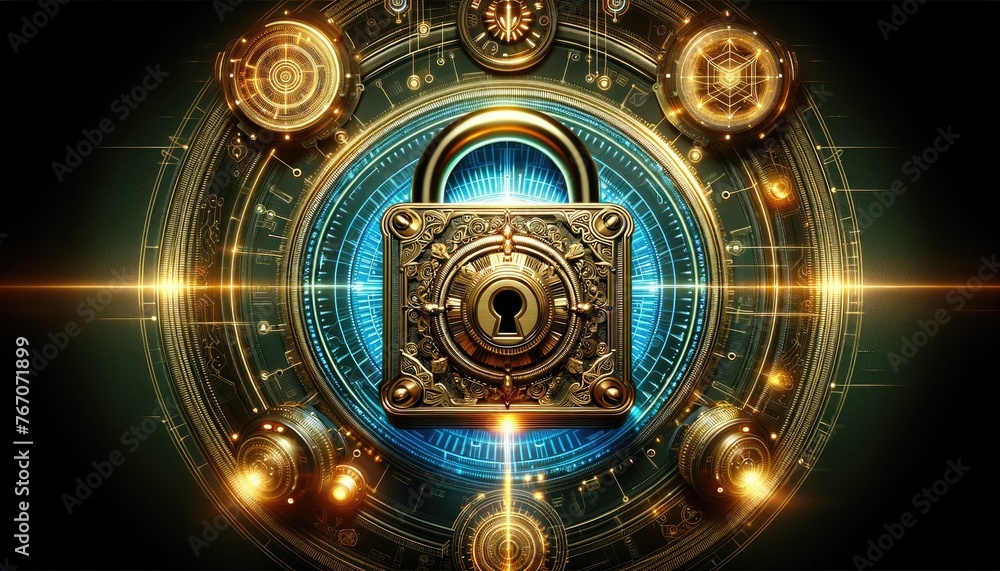 image features a highly detailed, ornate lock centered within an intricate array of futuristic, circular cybernetic interfaces, glowing with golden, blue hues that suggest advanced security technology